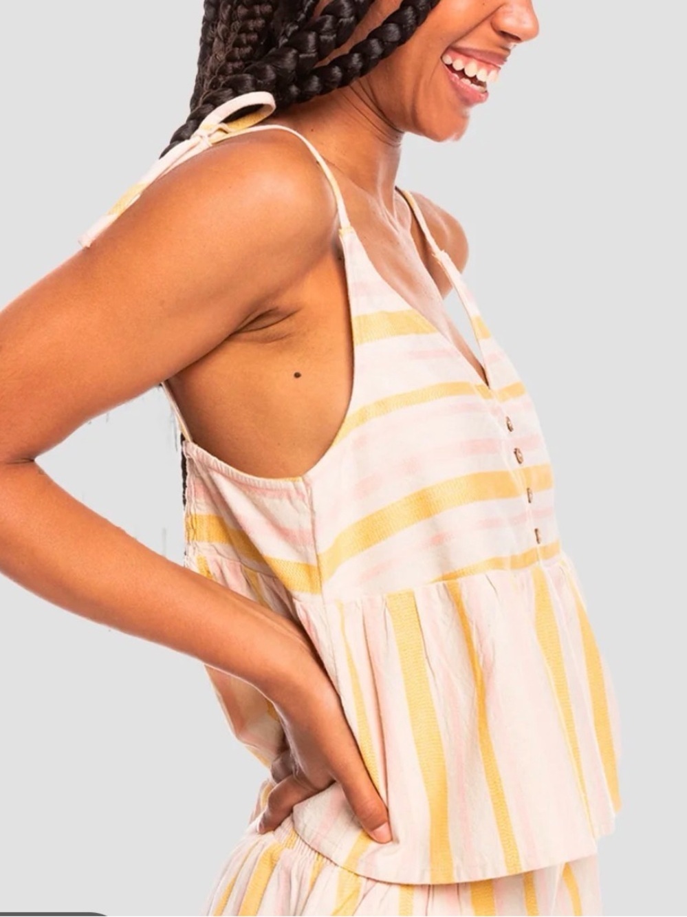 Roxy Pink and Yellow Striped Tie-Shoulder Tank Top